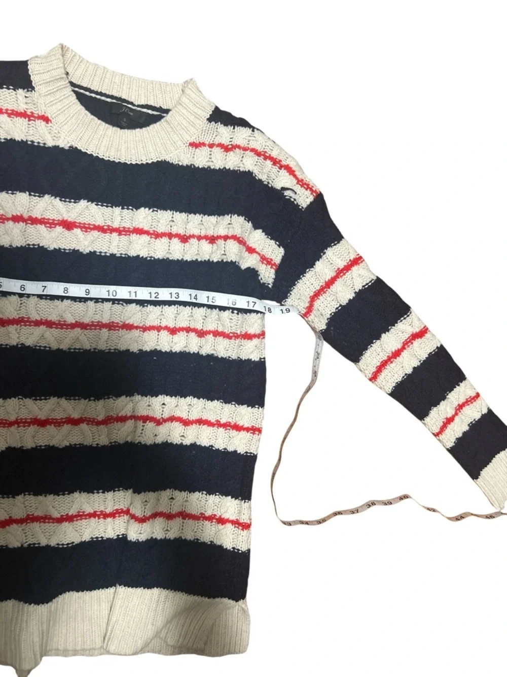 J.Crew Striped Cable Knit Nautical Tunic Sweater Navy Cream Red Small Merino